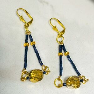 Blue and gold drop earrings, boutique jewelry, Lucine Designs, new